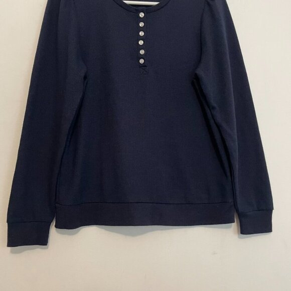 SPLENDID ANTHROPOLOGIE ANTHRO Waffle Mixed Puff Sleeve Top Navy Blue Henley Knit - Picture 4 of 14